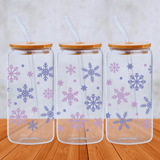 Purple and Lilac Snowflake Design 20oz Libbey Glass Can with Bamboo lid and Straw