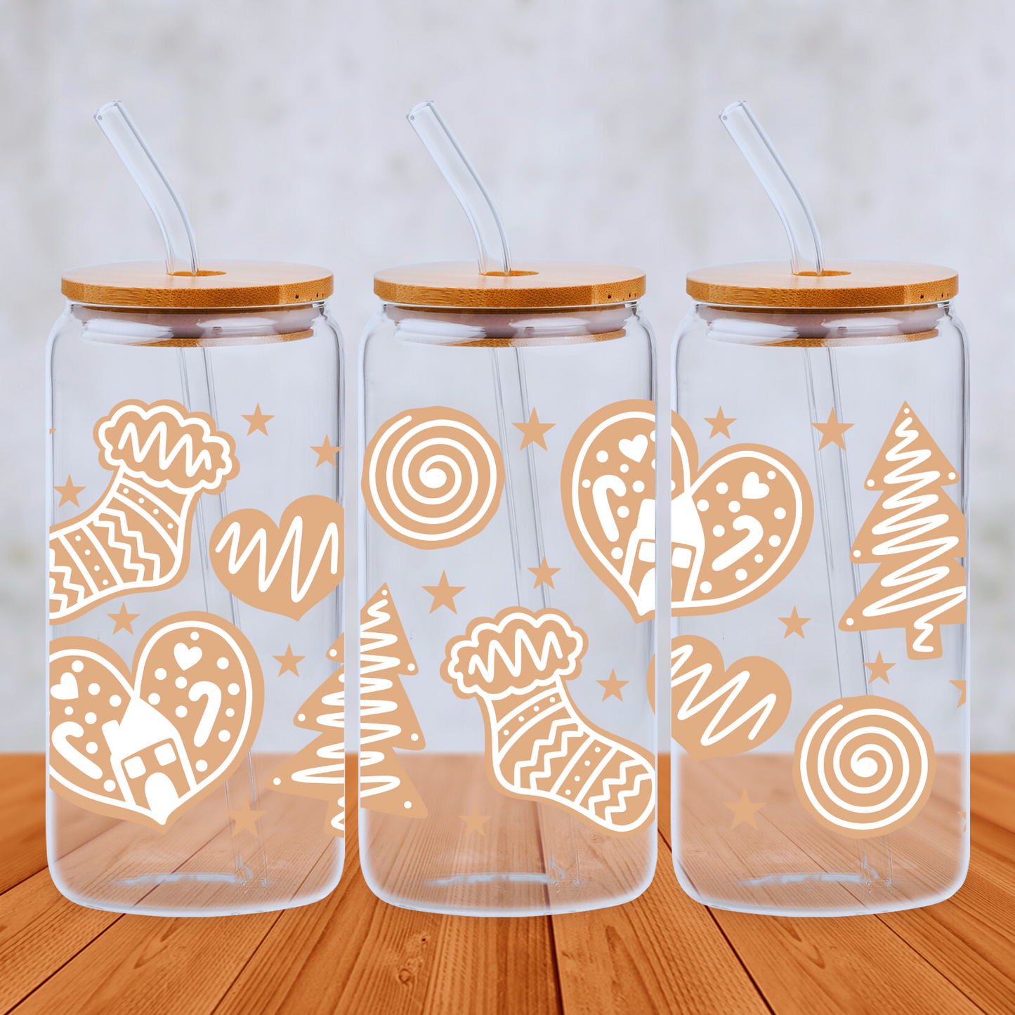 Gingerbread Biscuits Design 20oz Libbey Glass Can with Bamboo lid and Straw