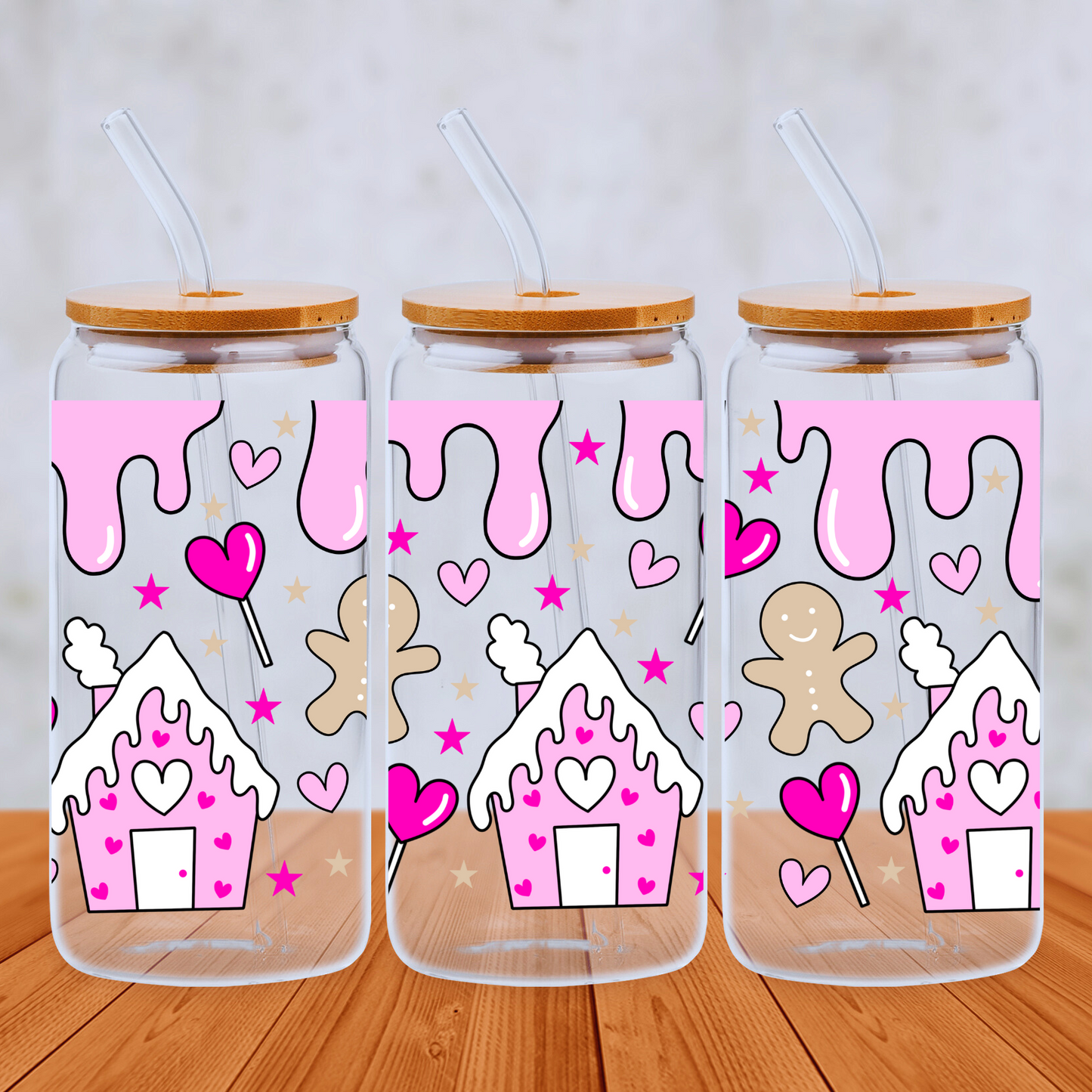 Pink Gingerbread House with Hearts Design 20oz Libbey Glass Can with Bamboo lid and Straw