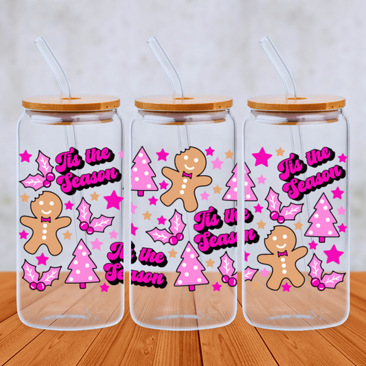 Tis The Season Pink Gingerbread Men Design 20oz Libbey Glass Can with Bamboo lid and Straw