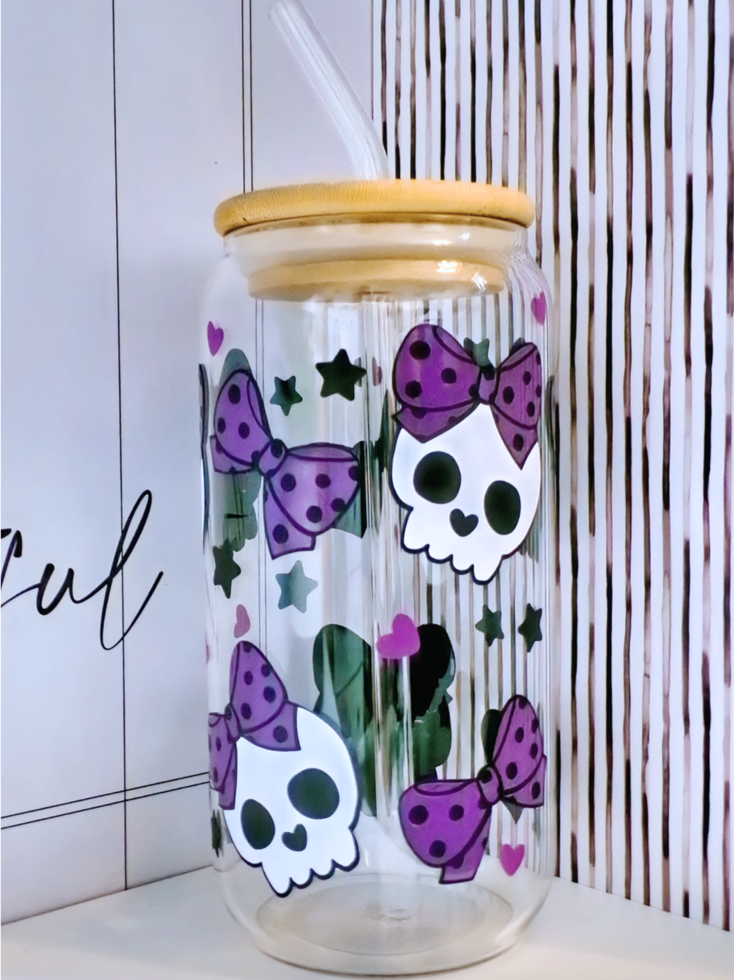 Purple polka dot bow skull 20oz Glass Can with Bamboo lid and Straw