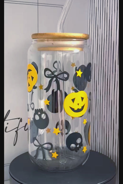 Pumpkins, Skulls and Bows 20oz Glass Can with Bamboo lid and Straw