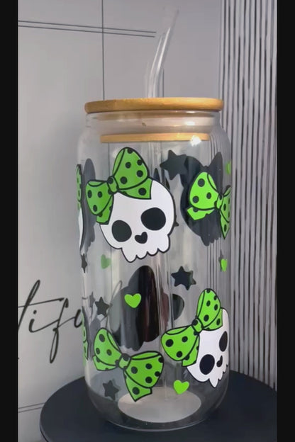 Green polka dot bow skull 20oz Glass Can with Bamboo lid and Straw