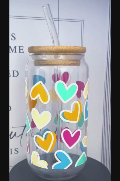 Funky Hearts 20oz Glass Can with Bamboo lid and Straw