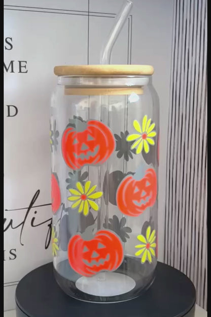 Neon Pumpkins and yellow daisies 20oz Glass Can with Bamboo lid and Straw