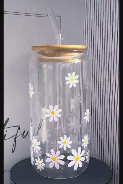 Daisy Flowers 20oz Glass Can with Bamboo lid and Straw