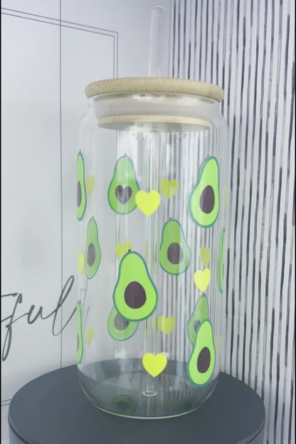 Avocados and Hearts 20oz Glass Can with Bamboo lid and Straw