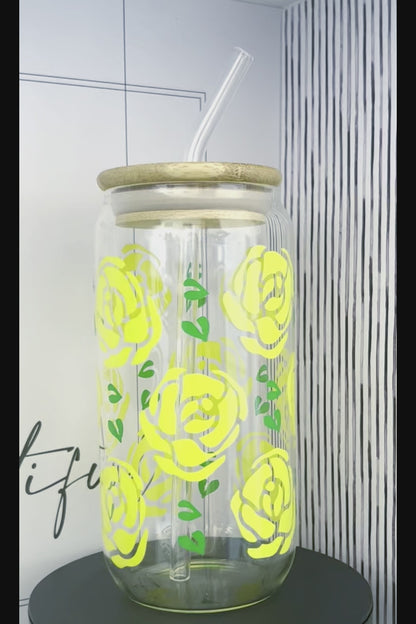 Its All About The Roses Yellow 20oz Glass Can with Bamboo lid and Straw