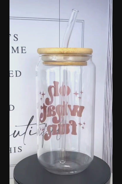 Oh What Fun Quote in Rose Gold 20oz Glass Can with Bamboo lid and Straw