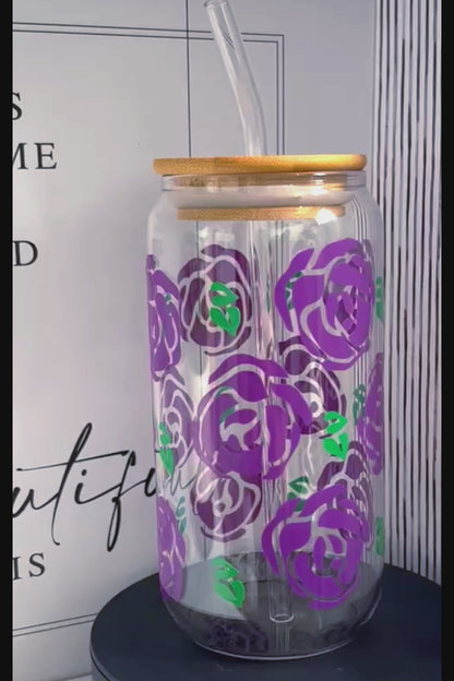 Its All About The Roses Purple 20oz Glass Can with Bamboo lid and Straw