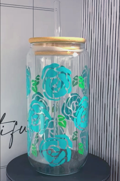 Its All About The Roses Teal 20oz Glass Can with Bamboo lid and Straw