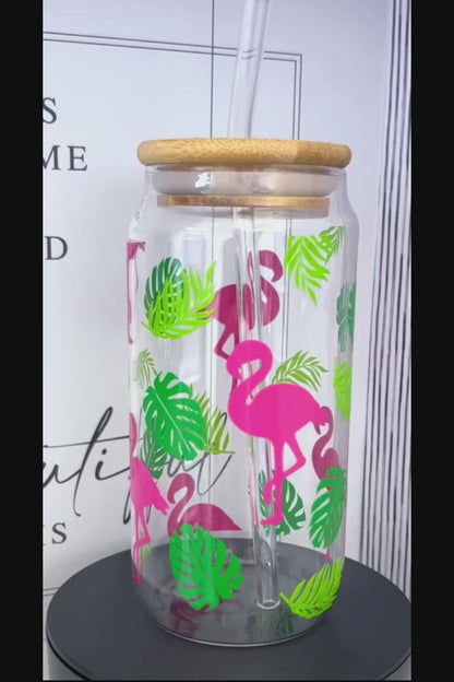 Hot Pink Flamingos 20oz Glass Can with Bamboo lid and Straw