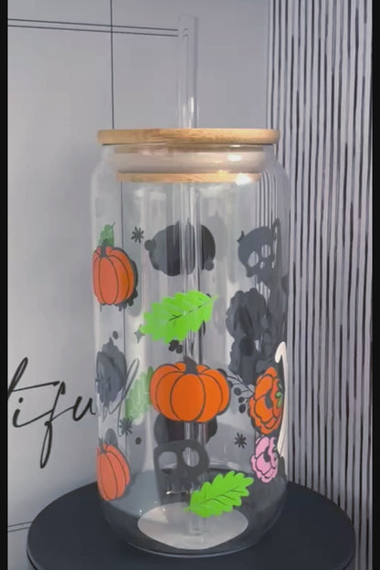 Dancing Ghost with Flowers and Pumpkins 20oz Glass Can with Bamboo lid and Straw