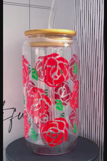 Its All About The Roses Red 20oz Glass Can with Bamboo lid and Straw