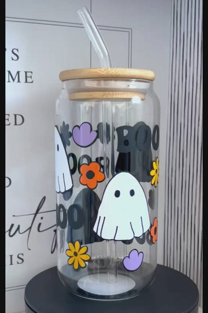 Boo Ghost 20oz Glass Can with Bamboo lid and Straw