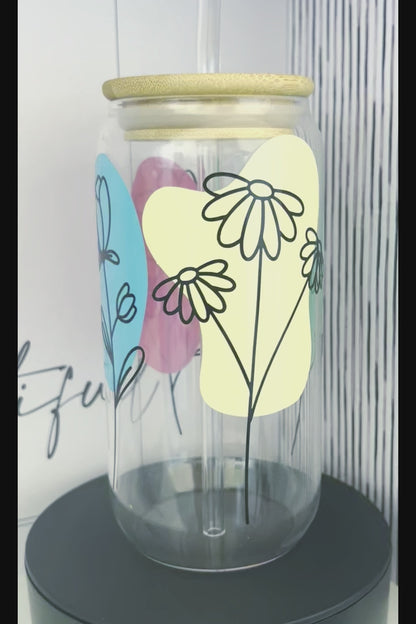 Colour Splash with Flowers 20oz Glass Can with Bamboo lid and Straw