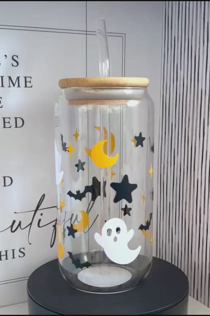 Flying Ghosts and bats in the night sky 20oz Glass Can with Bamboo lid and Straw