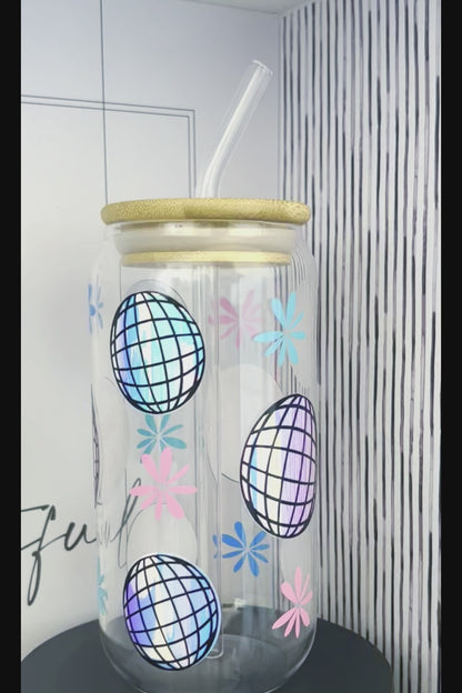 Party Time Disco Balls 20oz Glass Can with Bamboo lid and Straw