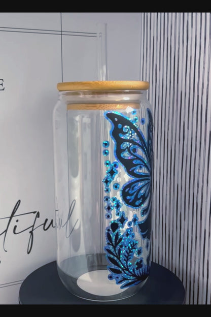 Stunning Blue Holographic & Black Fairy silhouette 20oz Glass Can with Bamboo lid and Straw