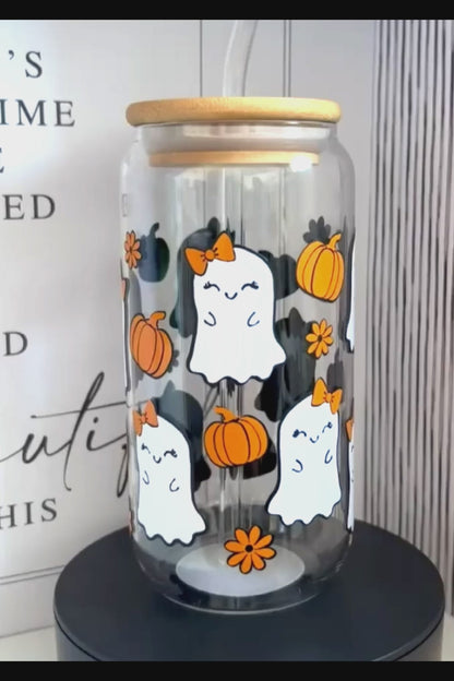 Pumpkins And Ghosts 20oz Glass Can with Bamboo lid and Straw