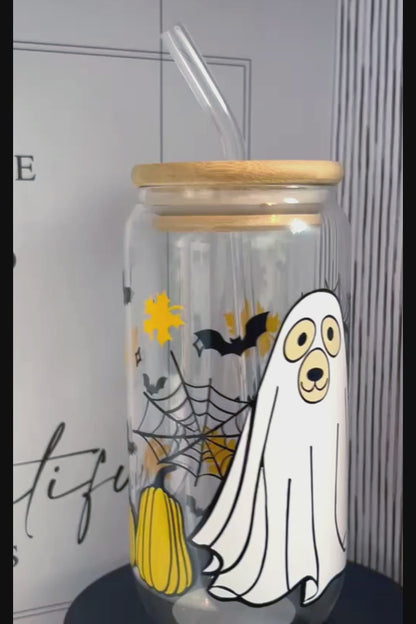 Ghost Dog 20oz Glass Can with Bamboo lid and Straw