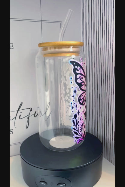 Stunning White Holographic & Black Fairy silhouette 20oz Glass Can with Bamboo lid and Straw