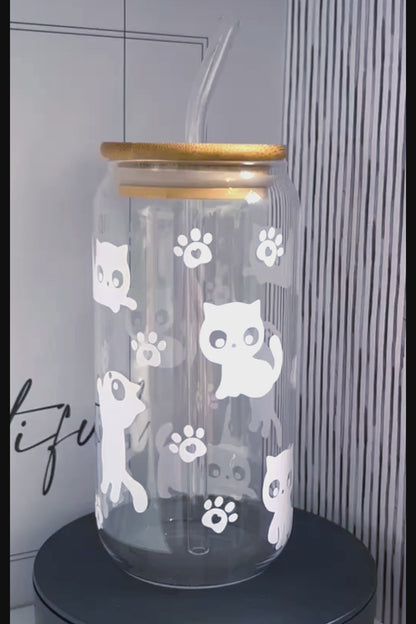 White Cats and Paw Prints 20oz Glass Can with Bamboo lid and Straw