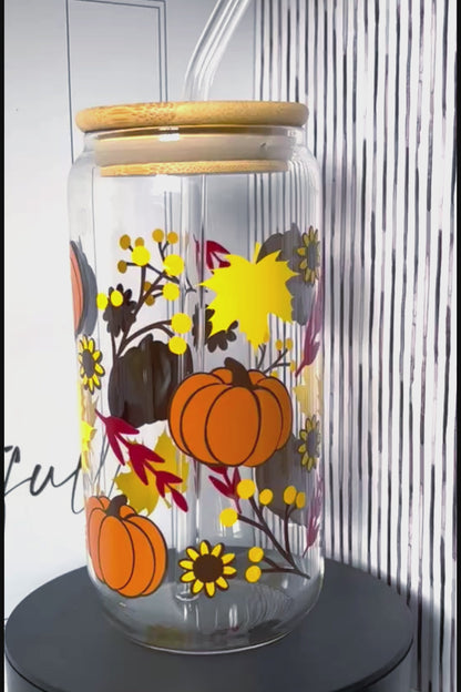 Pumpkin Flower Patch 20oz Glass Can with Bamboo lid and Straw