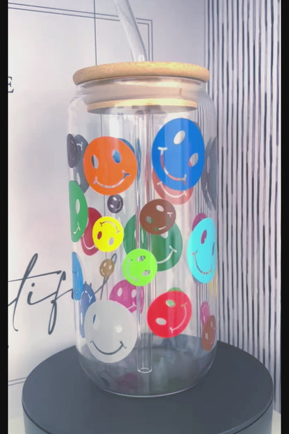 Colourful Smiley Emoji Face 20oz Glass Can with Bamboo lid and Straw