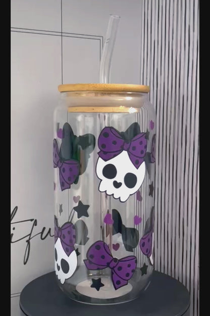 Purple polka dot bow skull 20oz Glass Can with Bamboo lid and Straw