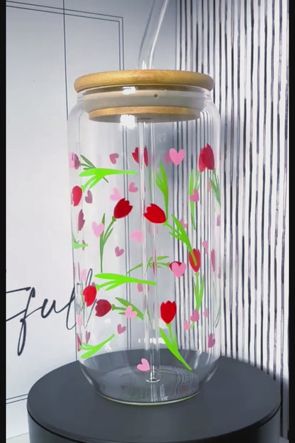 Beautiful Tulips 20oz Glass Can with Bamboo lid and Straw