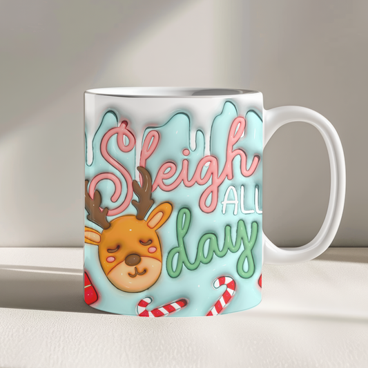 Blue Sleigh All Day Inflated 3D Effect Christmas 11oz Mug