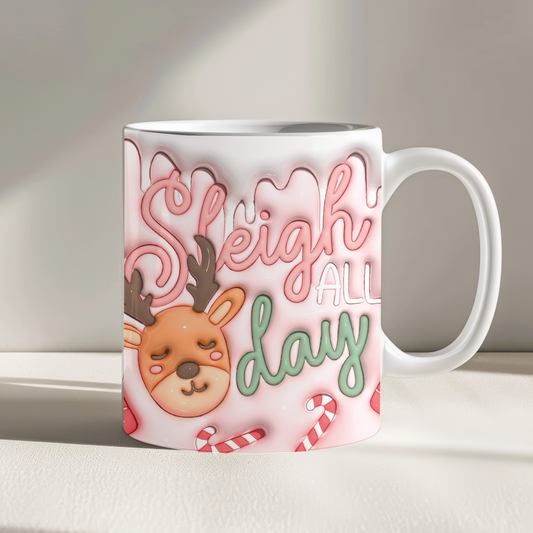 Pink Sleigh All Day Inflated 3D Effect Christmas 11oz Mug