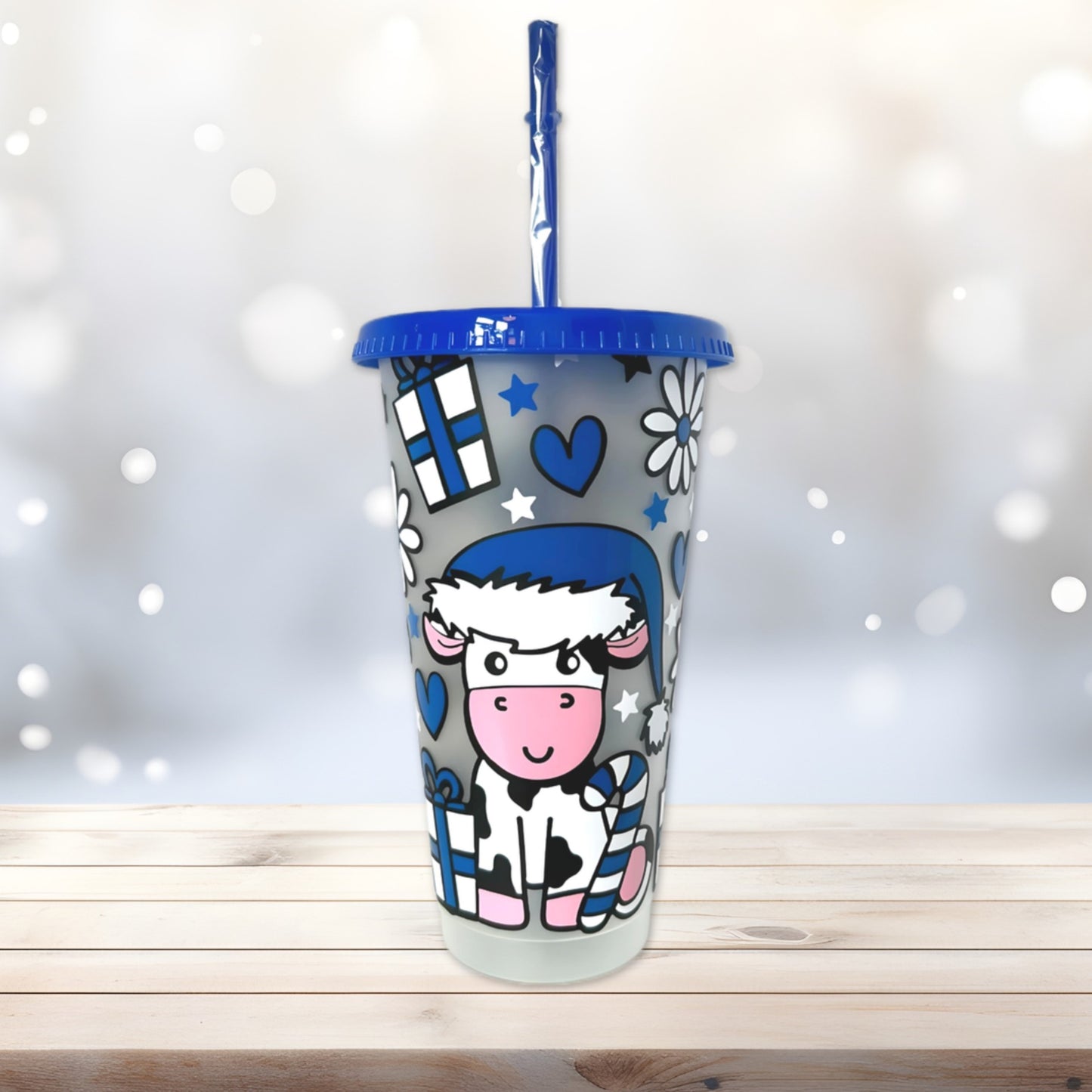 Blue and White Cow Christmas Design 24oz Cold Cup