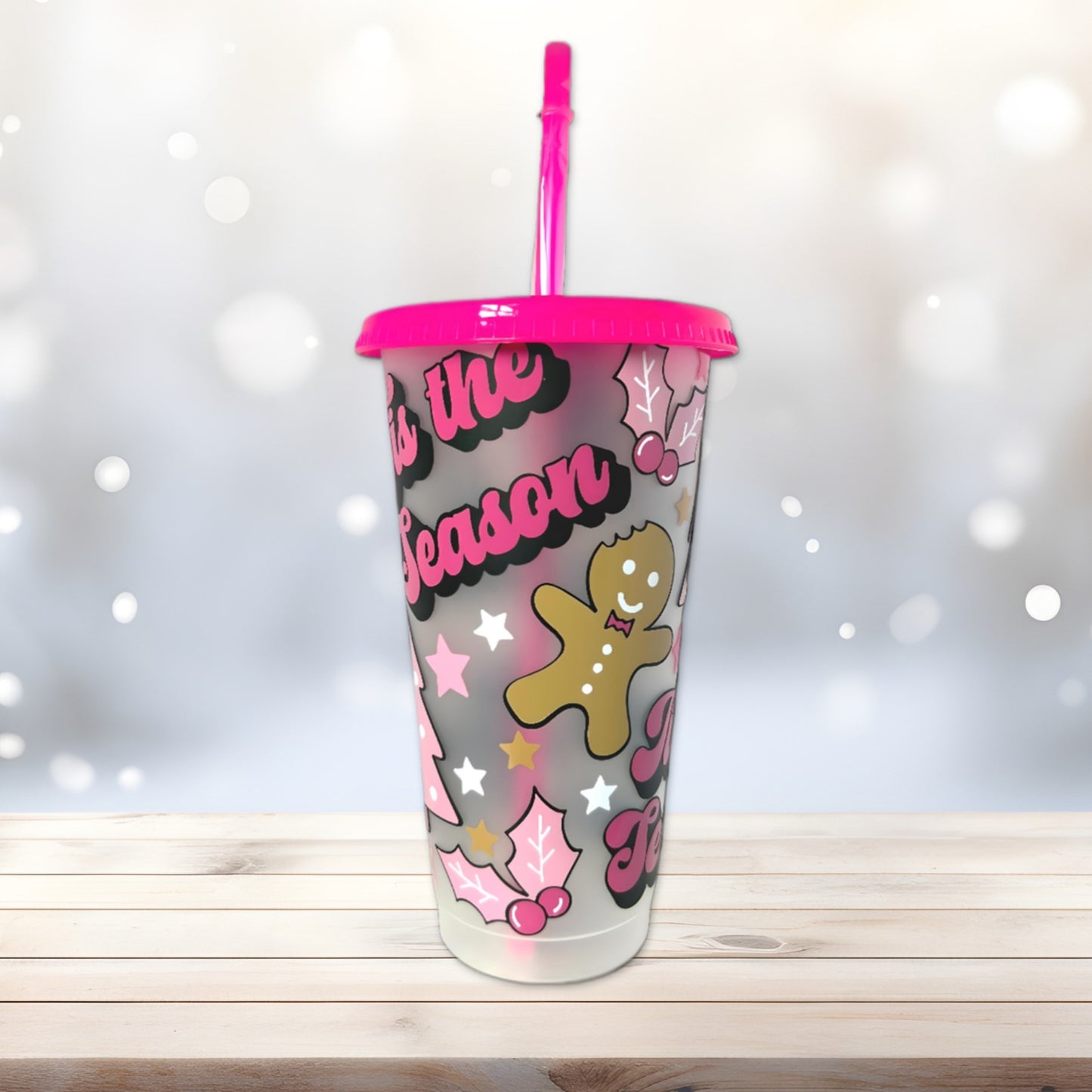 Tis The Season Pink Gingerbread Man Christmas Design 24oz Cold Cup