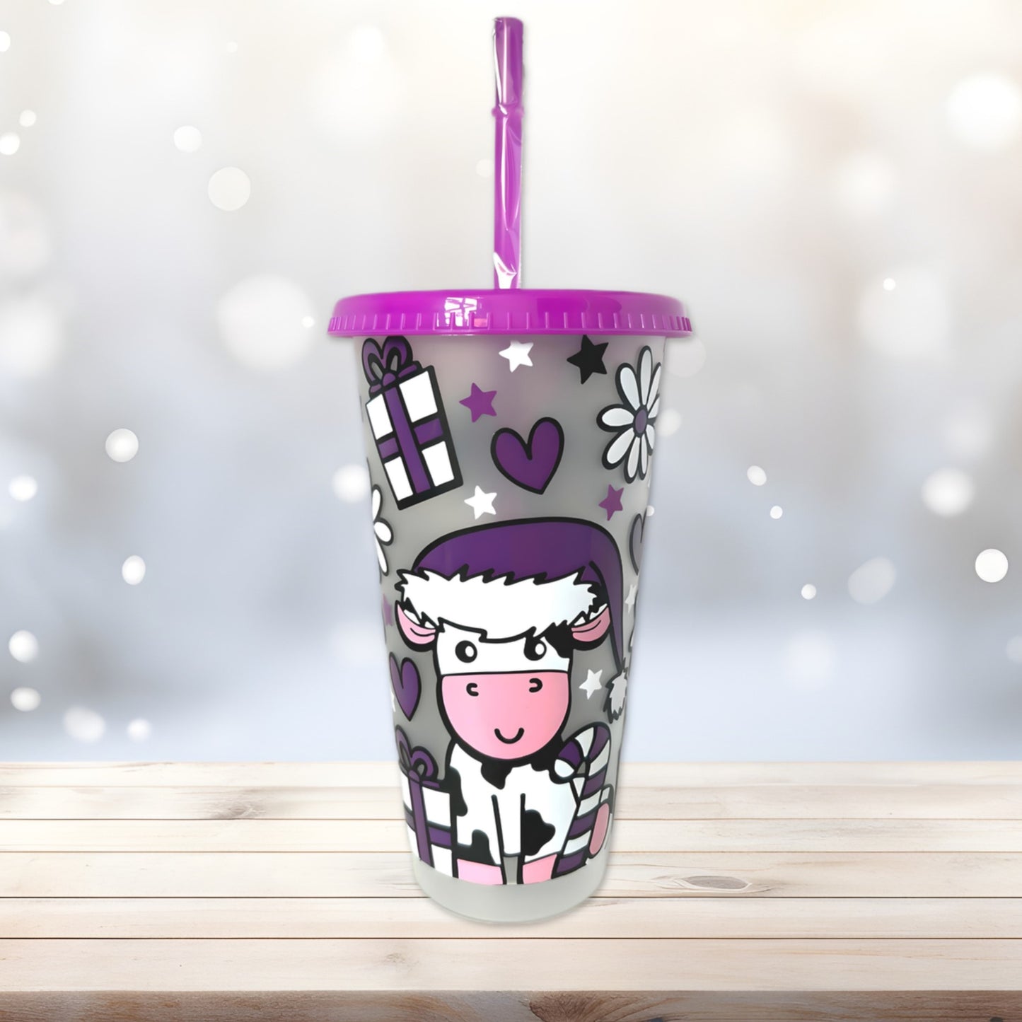 Purple and White Cow Christmas Design 24oz Cold Cup